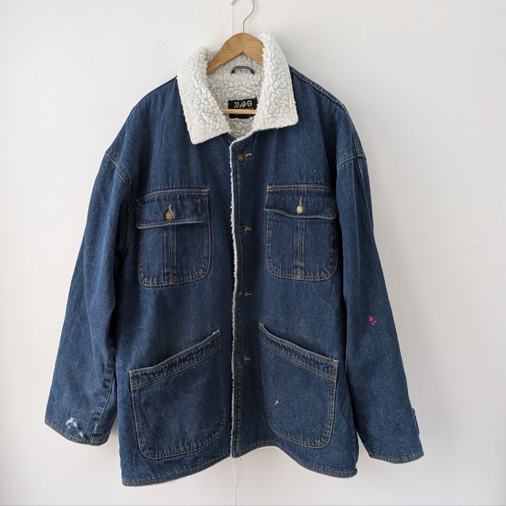 Vintage Avant Garde Men's Blue Denim Jacket Coat with Sherpa Lining Size  XL